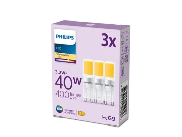 Philips LEDSpot - LED-glödlampa - form: kapsyl - G9 - 3.2 W (motsvarande 40 W) - klass E - varmt vitt ljus - 2700 K (paket om 3)