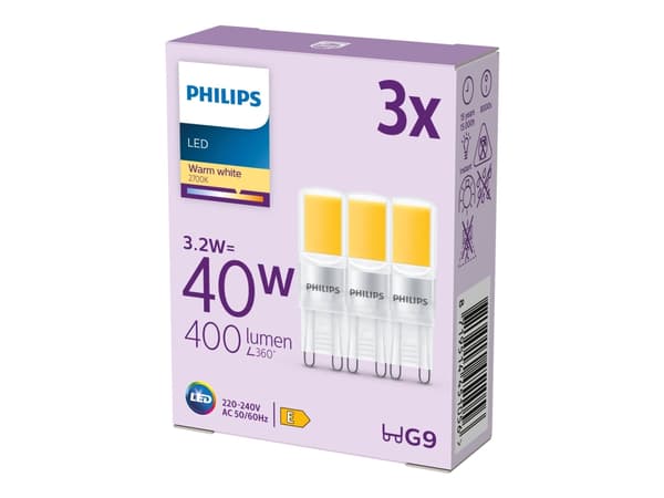Philips LEDSpot - LED-glödlampa - form: kapsyl - G9 - 3.2 W (motsvarande 40 W) - klass E - varmt vitt ljus - 2700 K (paket om 3)