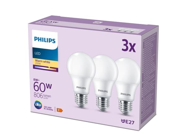 Philips - LED-glödlampa - form: A60 - glaserad finish - E27 - 8 W (motsvarande 60 W) - klass F - varmt vitt ljus - 2700 K (paket om 3)
