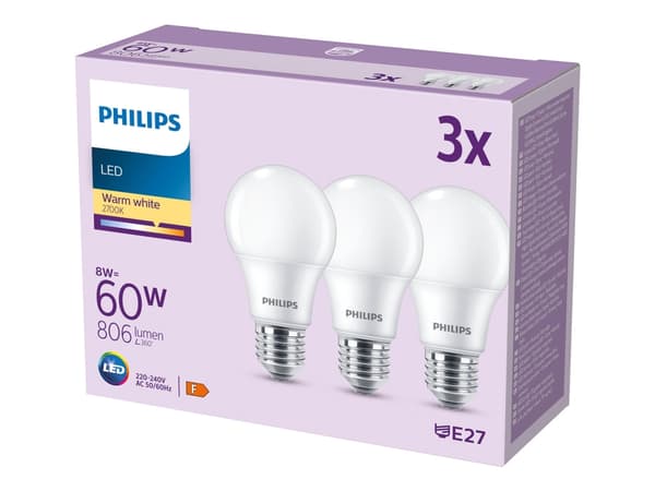 Philips - LED-glödlampa - form: A60 - glaserad finish - E27 - 8 W (motsvarande 60 W) - klass F - varmt vitt ljus - 2700 K (paket om 3)