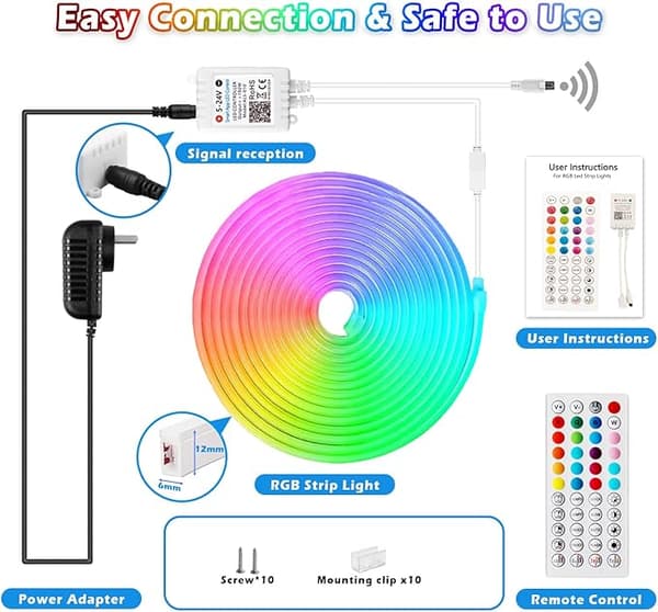 Neon ljusremsa/RGB list, app styrning, färg musiksynkronisering, IP67 - 2m