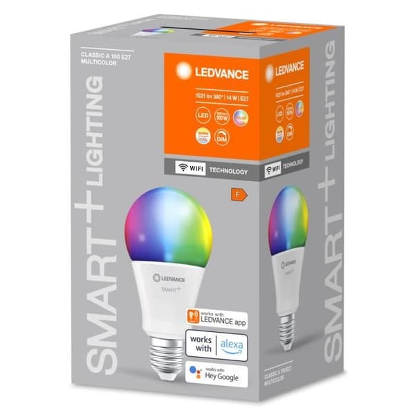 LEDVANCE SMART+ WIFI LED-lampa, frostat utseende, 14W, 1521lm, klassisk glödlampsform med E27-sockel, färgljus och vitt ljus, app guld