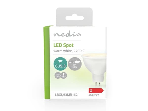 Nedis LBGU53MR162, 5,8 W, 41 W, GU5.3, 450 lm, 15000 h, Lämmin valkoinen