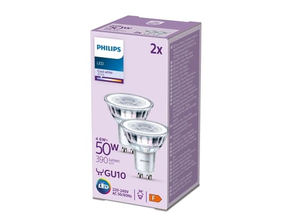 Philips - LED-pære for søkelys - klar finish - GU10 - 4.6 W (ekvivalent 50 W) - klasse F - kjølilg hvitt lys - 4000 K (en pakke 2)