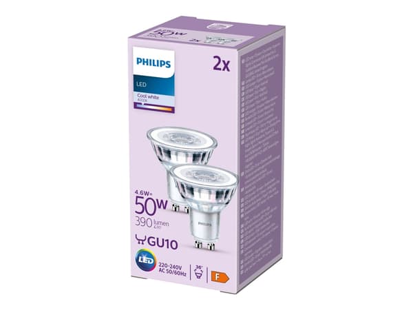 Philips - LED-pære for søkelys - klar finish - GU10 - 4.6 W (ekvivalent 50 W) - klasse F - kjølilg hvitt lys - 4000 K (en pakke 2)