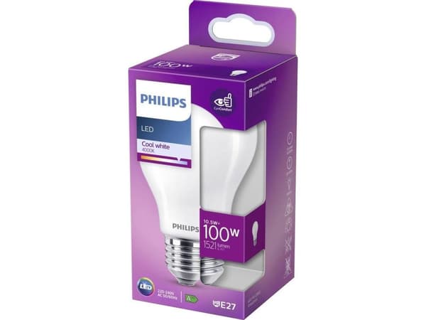 Philips Filamentljuskälla frostad 100 W A60 E27, 10,5 W, 100 W, E27, 1521 LM, 15000 h, Neutral vit
