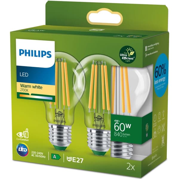 2-paks LED E27 Normal 4W (60W) Klar 840lm 2700K Energiklasse A