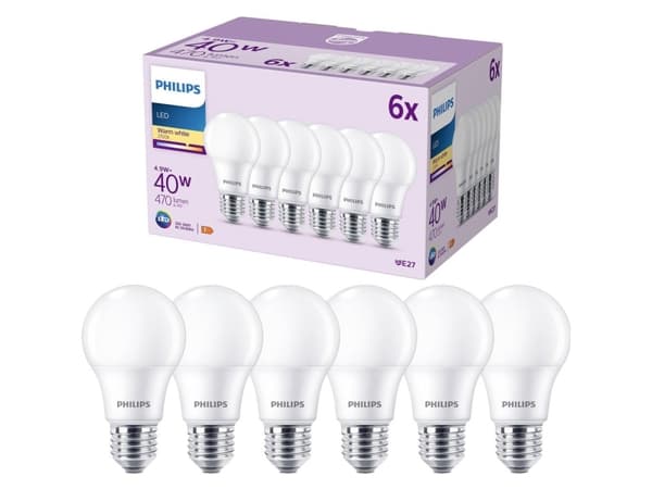 Philips Pære, 40 W, A60, E27 x 6, 4,9 W, 40 W, E27, 470 lm, 15000 timer, Varm hvit