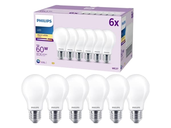 Philips LED Classic - LED-glödlampa - form: A60 - E27 - 7 W (motsvarande 60 W) - klass E - varmt vitt ljus - 2700 K (paket om 6)