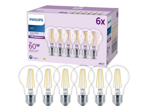 Philips LED Classic - LED-glödlampa - form: A60 - klar finish - E27 - 7 W (motsvarande 60 W) - klass E - svalt vitt ljus - 4000 K (paket om 6)