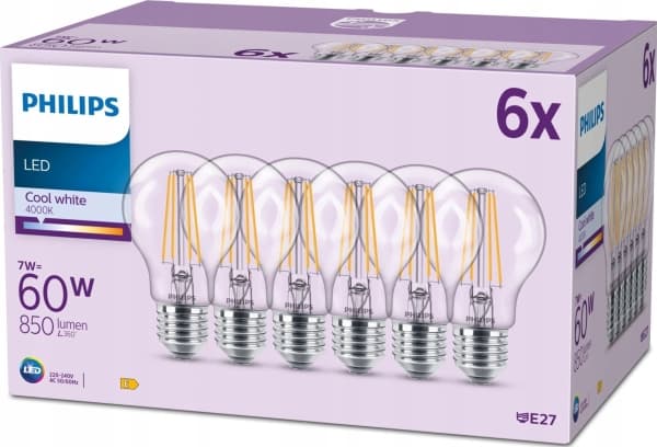 Philips LED Classic - LED-glödlampa - form: A60 - klar finish - E27 - 7 W (motsvarande 60 W) - klass E - svalt vitt ljus - 4000 K (paket om 6)