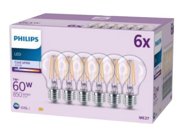 Philips LED Classic - LED-lyspære - form: A60 - klar finish - E27 - 7 W (ekvivalent 60 W) - klasse E - kjølilg hvitt lys - 4000 K (en pakke 6)