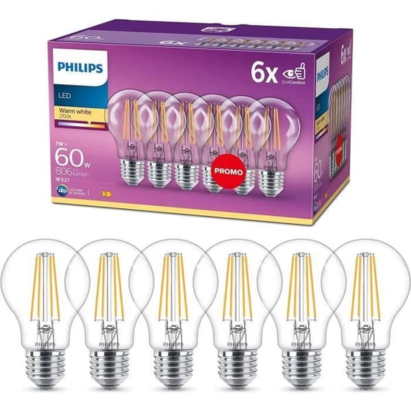 Philips, paket med 6 E27 transparenta LED-lampor 60W, varmvita
