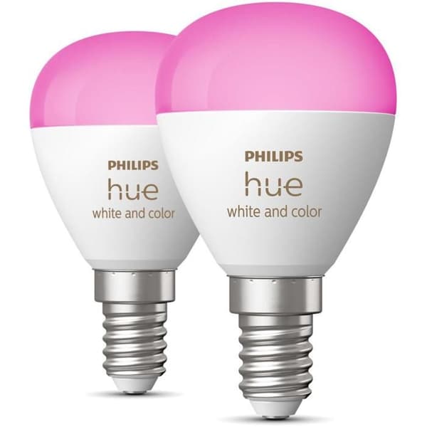 Philips Hue Vit och färgatmosfär, sfäriskt ansluten LED-lampa Bluetooth-kompatibel, E14, set med 2