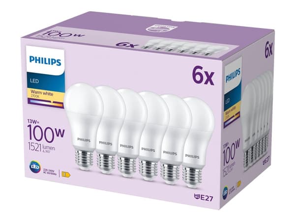 Philips - LED-lyspære - form: A67 - mattslipt finish - E27 - 13 W (ekvivalent 100 W) - klasse E - varmt hvitt lys - 2700 K (en pakke 6)