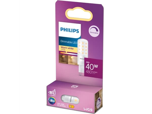 Philips LED - LED - form: G9 - glaserad finish - G9 - 4 W (motsvarande 40 W) - klass E - varmt vitt ljus - 2700 K