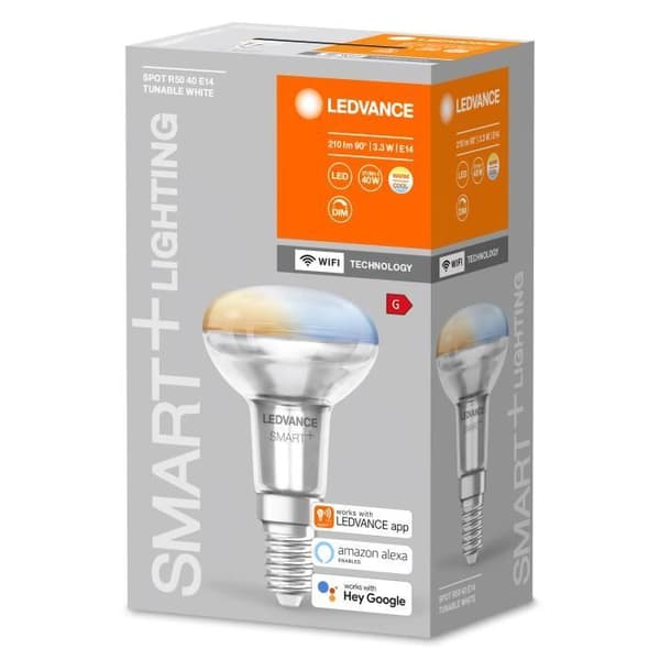LEDVANCE Smart LED R50 spotlight med Wifi-teknik, E14-sockel, föränderlig ljusfärg (2700-6500K), ersätter