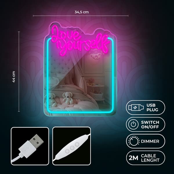 LED-speilbelysning i neon med dimmer - Love Yourself