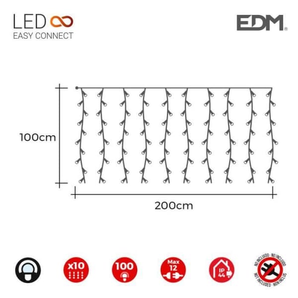 Lättkopplad ljusridå 2x1mts 10 band 100 kallvita lysdioder 30v (inomhus utomhusanvändning) totalt edm 1,8w