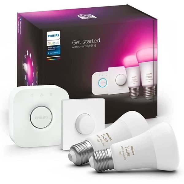 Philips Hue Vit och Färg Ambiance, Startkit med 2 anslutna E27-lampor, 1100 lm, Bro och fjärrkontroll, kompatibel med Bluetooth
