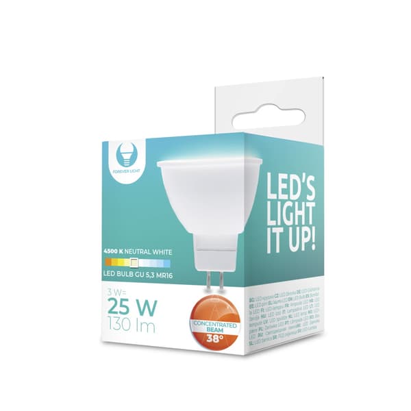 Forever LED-lampa GU5,3 MR16 3W 12V 4500K 130lm 38°