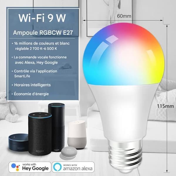Wifi-ansluten E27 9W LED-multifärg RGB + CCT 2700K-6500K - Kompatibel med Alexa/Google Home - 2 STÄNGD