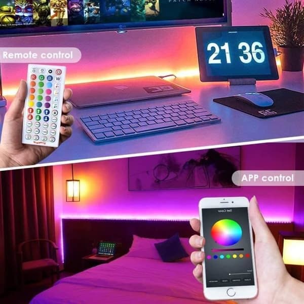 WEILY 10M LED-rand, Bluetooth, 5050 RGB LED-band kontrollerad av smartphone-app, synkroniseras med musikrytm och timer.
