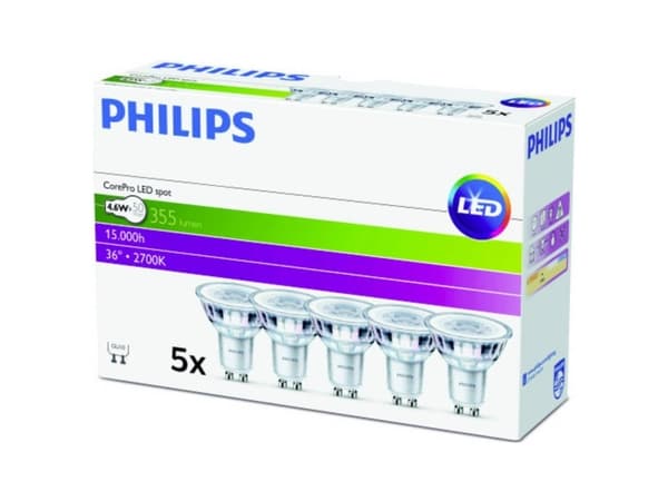 Philips CorePro - LED-spotlight - form: PAR16 - GU10 - 4.6 W (motsvarande 50 W) - klass F - varmt vitt ljus - 2700 K