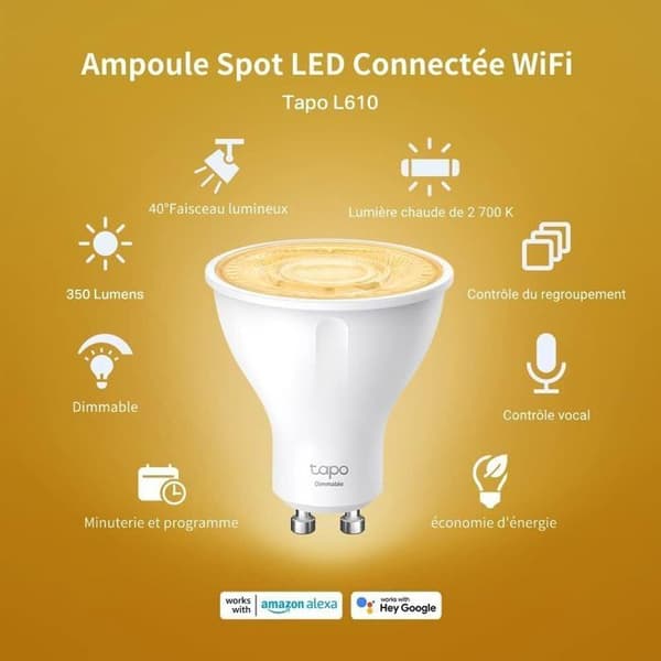 WiFi LED GU10 Smart-lampa - Tapo L610 - Varmvitt 2700K - 2.9 W motsvarande 50W - Kompatibel med Alexa och Google Home