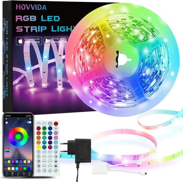 HOVVIDA LED-stripe 5M, 30 LED/meter, 24V RGB LED-band, 150 LED, APP och fjärrkontroll, musik-synkronisering, timerläge