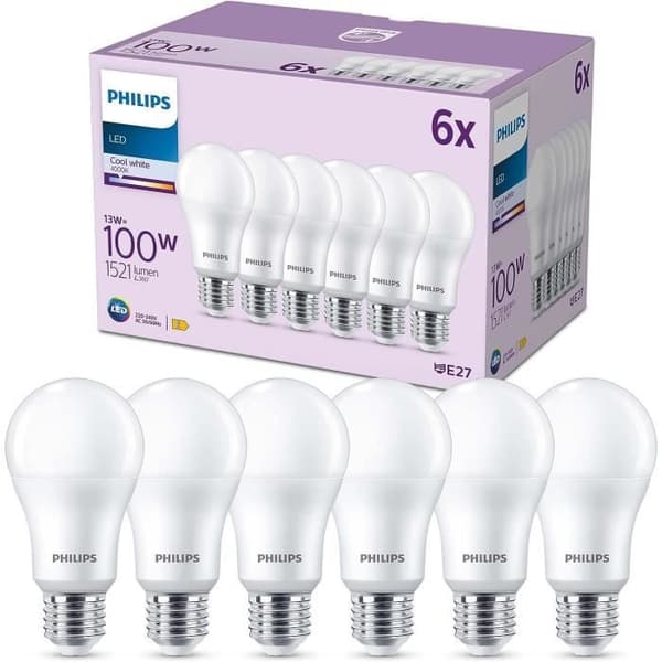Philips, pack med 6 LED-lampor E27, 100W, kallt vitt icke-dimbar