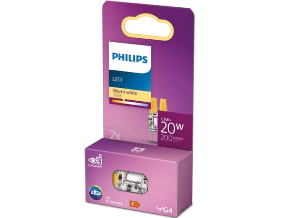 Philips - LED-glödlampa - form: kapsyl - klar finish - G4 - 1.7 W (motsvarande 20 W) - klass F - varmt vitt ljus - 2700 K (paket om 2)