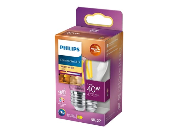Philips - LED-glödlampa med filament - form: P45 - klar finish - E27 - 3.4 W (motsvarande 40 W) - klass D - varmt vitt ljus - 2200-2700 K