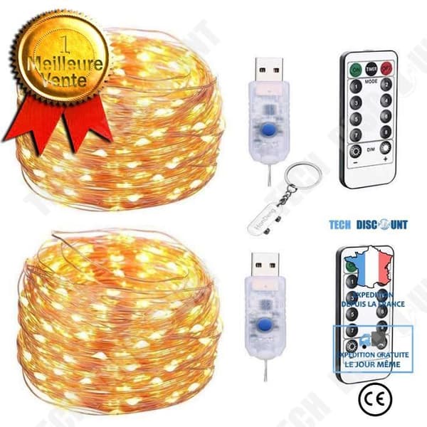 TD® USB led-slingor, [2-pack]20m 200LED silvertråd med fjärrkontroll, 8 lägen (varmvitt).