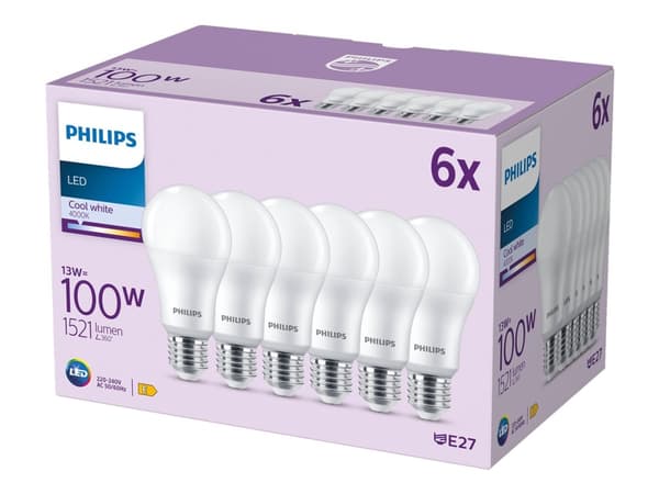 Philips Bulb 100W A67 E27 x6, 13 W, 100 W, E27, 1521 lm, 15000 h, Cool white