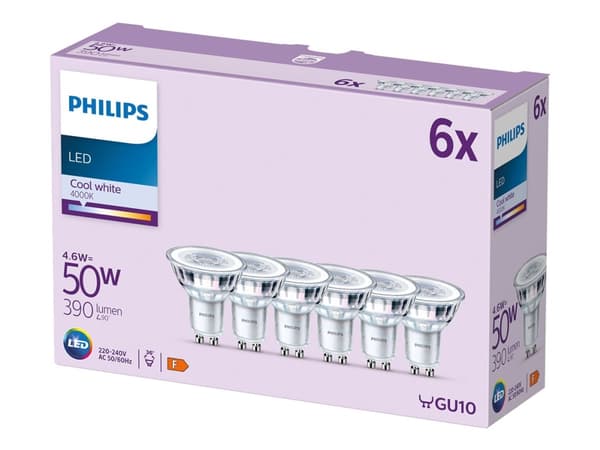 Philips Spot 50 W PAR16 GU10 x6, 4,6 W, 50 W, GU10, 390 LM, 15000 h, Kall vit