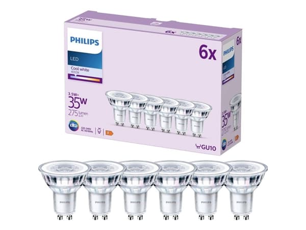 Philips LED Classic - LED-pære for søkelys - klar finish - GU10 - 3.5 W (ekvivalent 35 W) - klasse F - kald hvitt lys - 4000 K (en pakke 6)