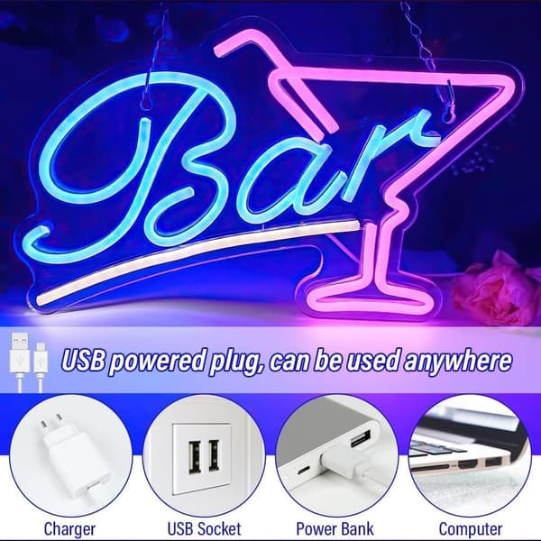 neonskilt BAR, neonskilt cocktails, cocktailbar neonskilt, LED neonlysskilt, USB-drevet lyserødt blåt neonskilt til barklub natklubbutik