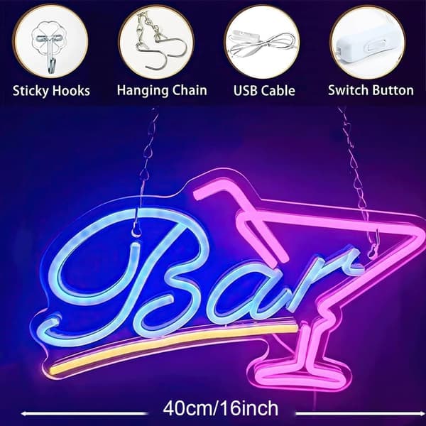 neonskilt BAR, neonskilt cocktails, cocktailbar neonskilt, LED neonlysskilt, USB-drevet lyserødt blåt neonskilt til barklub natklubbutik