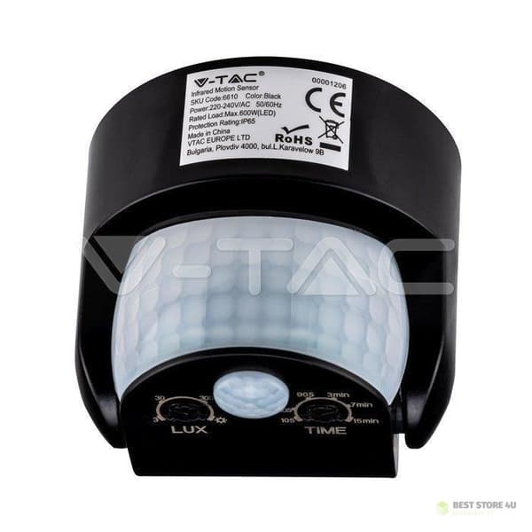 V-TAC Liiketunnistin Seinäkiinnike Musta 180°/360° IP65 VT-8093