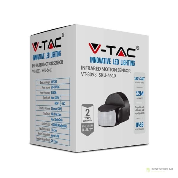 V-TAC Liiketunnistin Seinäkiinnike Musta 180°/360° IP65 VT-8093