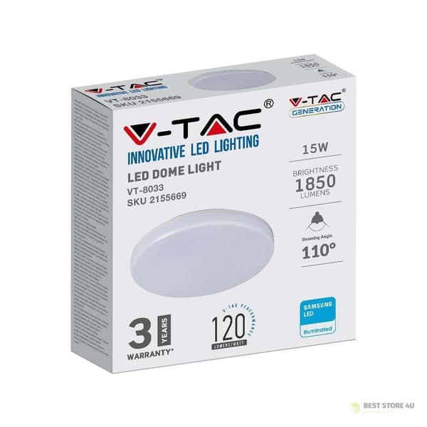 Rund loftslampe til overflademontering V-TAC 15W LED SAMSUNG CHIP IP44 120Lm/W VT-8033 4000K 1850lm 3 års garanti