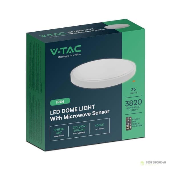 V-TAC 36W LED Loftlampe Rund 42cm Påbygningsmonteret Fjernbetjening Bevægelsessensor IP44 Hvid VT-8630S 4000K 3820lm