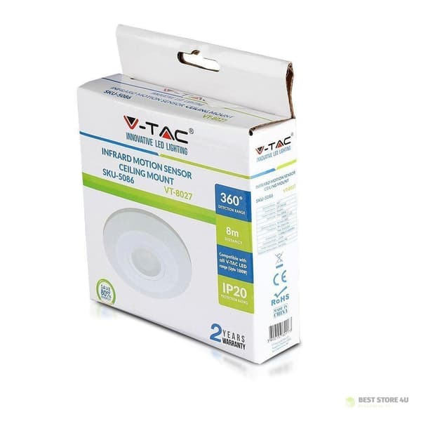 Liiketunnistin 360st V-TAC pinta-asennettava katto SLIM 25 mm valkoinen VT-8027