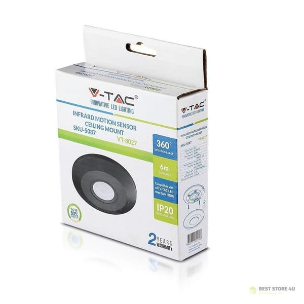 Bevægelsessensor 360st V-TAC Overflademonteret Loftslampe SLIM 25mm Sort VT-8027