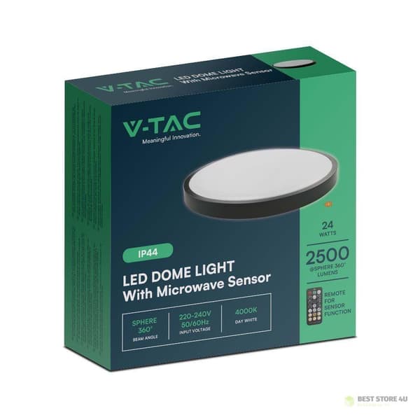 V-TAC 24W LED Loftlampe Rund 35cm Påbygningsmonteret Fjernbetjening Bevægelsessensor IP44 Sort VT-8624S 4000K 2500lm