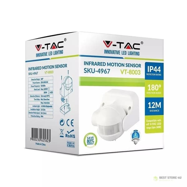 Bevægelsessensor 180 grader Infrarød Hvid V-TAC VT-8003