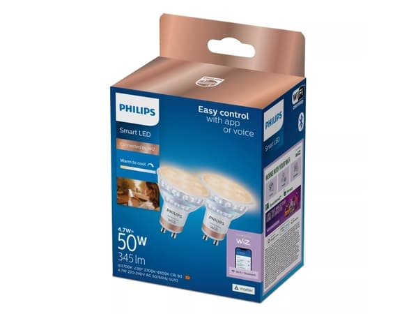 Philips Spot 50 W PAR16 GU10 x2, Smart glödlampa, Wi-Fi/Bluetooth, Vit, GU10, PAR16, 2700 K