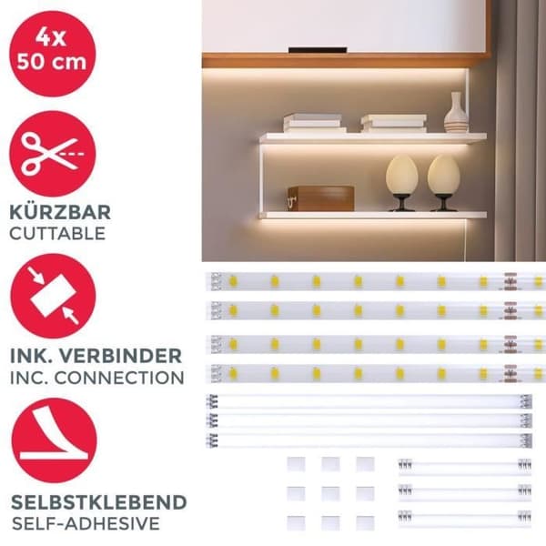 Set med 4 LED-strips på 50 cm (totalt 2 m) vit dekorativ belysning kök TV-skärmkontakter ingår