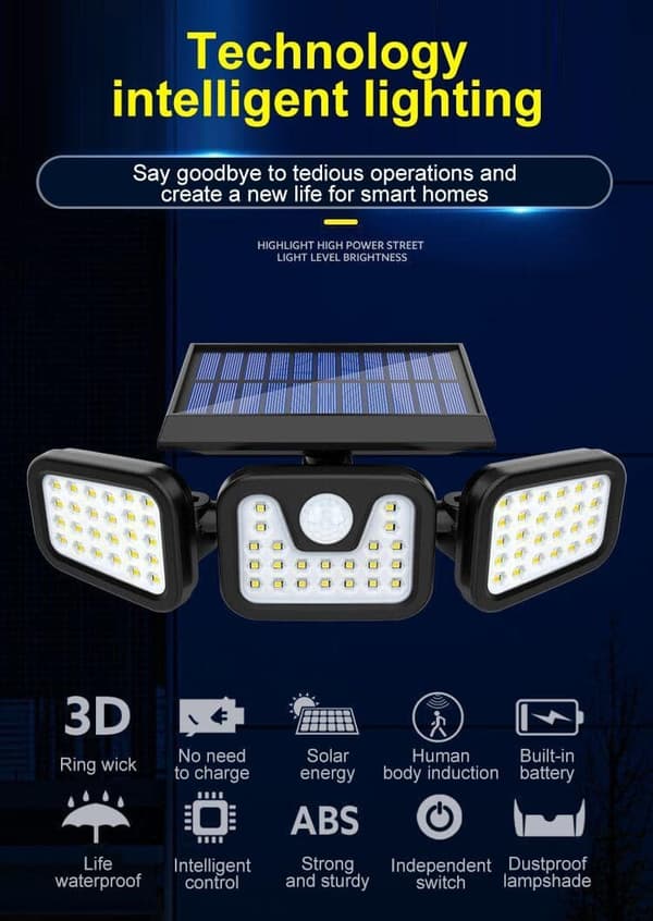 LED-lampa med 3 kraftfulla lampor (74 lysdioder) & rörelsesensor
